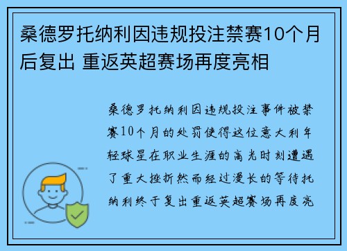 桑德罗托纳利因违规投注禁赛10个月后复出 重返英超赛场再度亮相